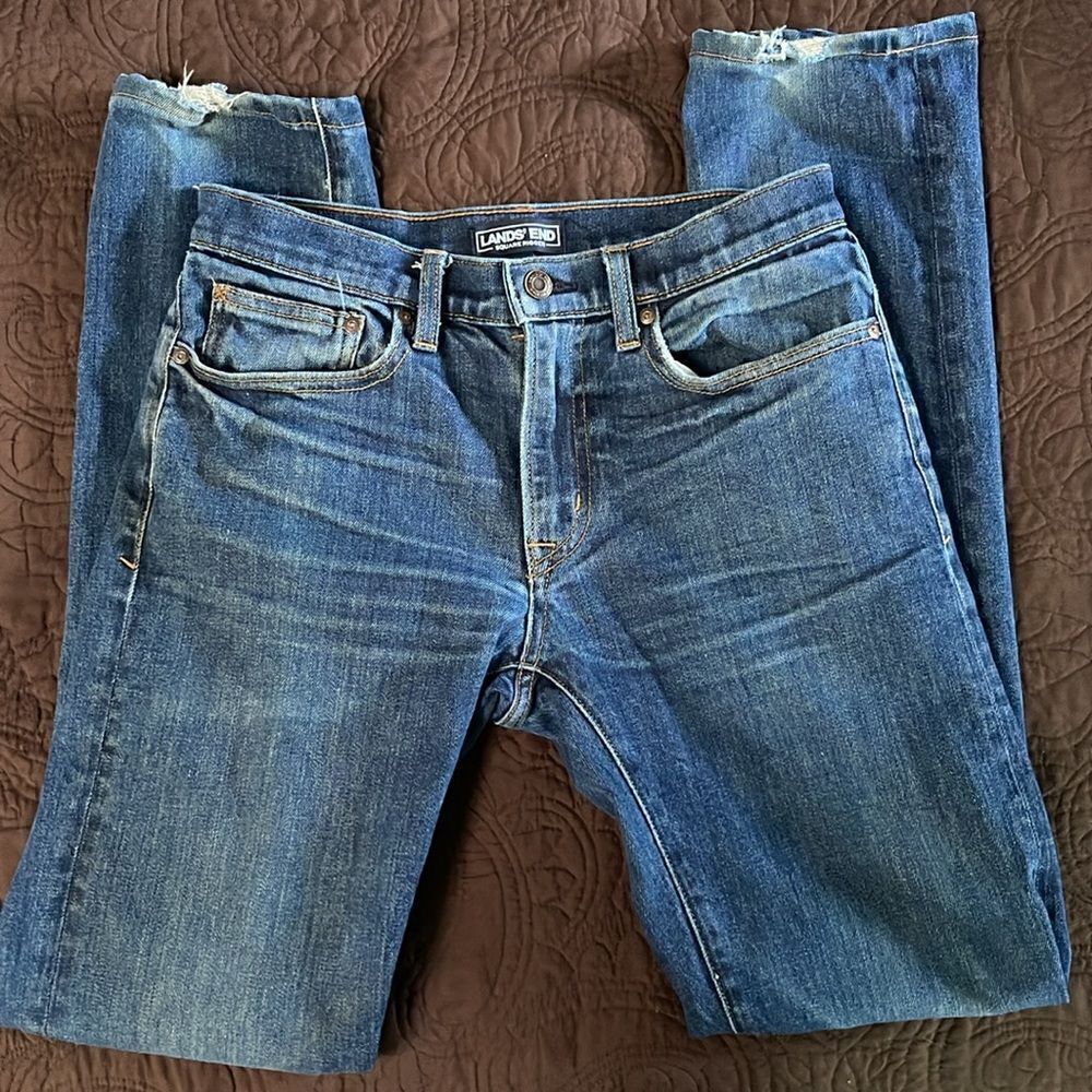 Lands’ End square rigger jeans.  Size 28.  Slim. Tall. Distressed.